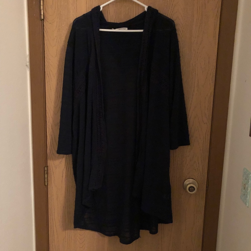 Navy hooded duster cardigan from Maurices.